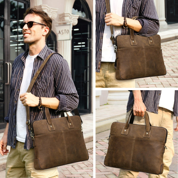 mens leather laptop bag with strap and handle
